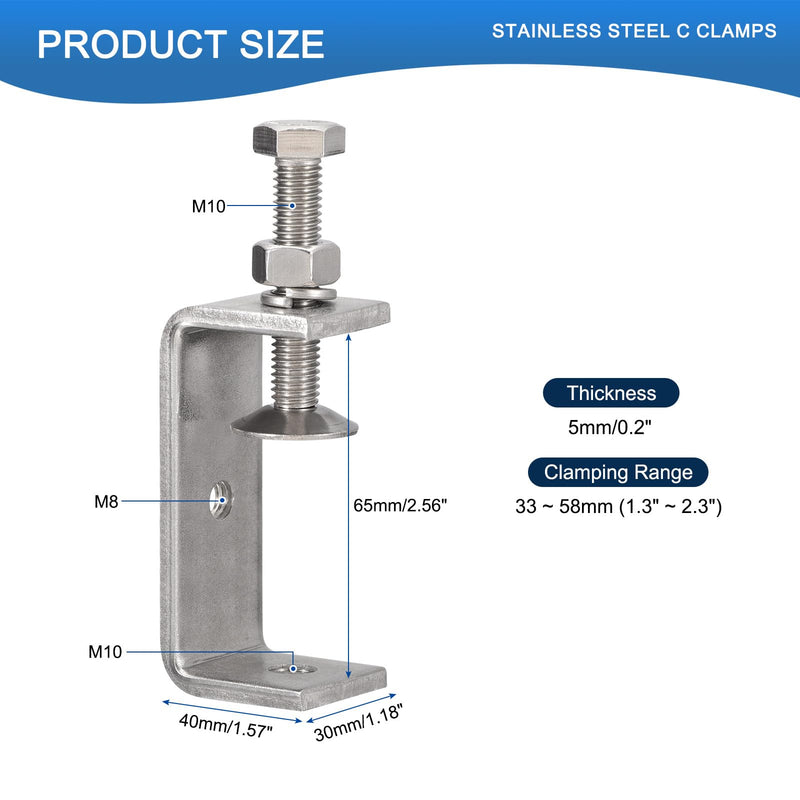 [Australia - AusPower] - 2 Pack 304 Stainless Steel C Clamps with 65mm/2.56" Stable Wide Jaw Opening Tiger Clamp for Woodworking Welding Construction Household Mount 65mm/2.56" 