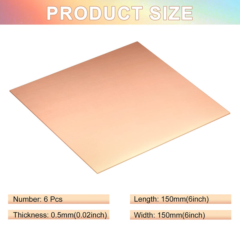 Nuogo 6 Pcs Pure Copper Sheet 6 x 6 Inch 24 Gauge (0.51mm) Thickness Pure Copper Plate Double Sided Film Attached Metal Material Sheet for Crafting, Jewelry, Repair, Electrical, Industry