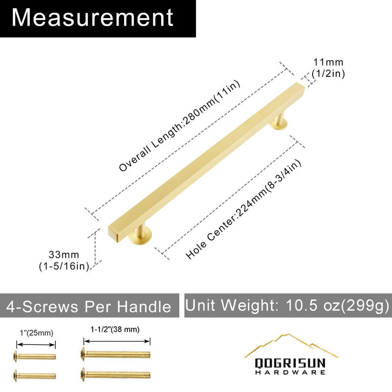 QOGRISUN 2-Pack Solid Brass Cabinet Pulls 8-3/4 Inch Hole Center, Heavy Duty Brushed Brass Cabinet Hardware, Modern Square Drawer Handles for Kitchen Dresser, Anti-Tarnish, 11 Inch Overall Length 8-3/4-Inch Hole Centers