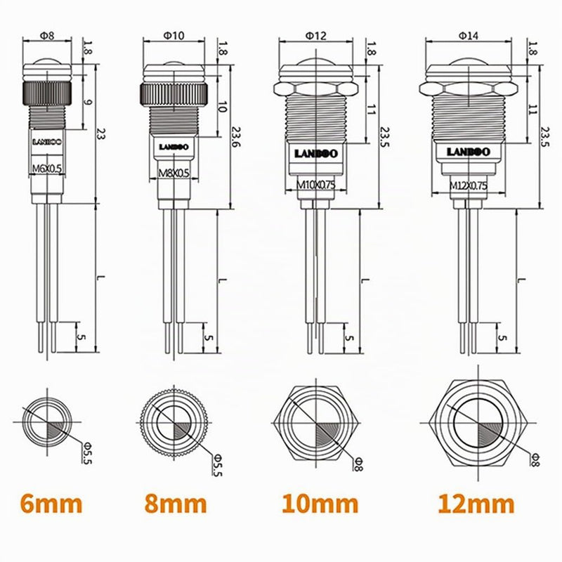 16 mm LED Indicator Light 230 V Metal Indicator Lights Red | Waterproof LED indicator lights, signal lamp, energy saving indicator, several colours and sizes 6-25 mm available 16MM AC/DC220