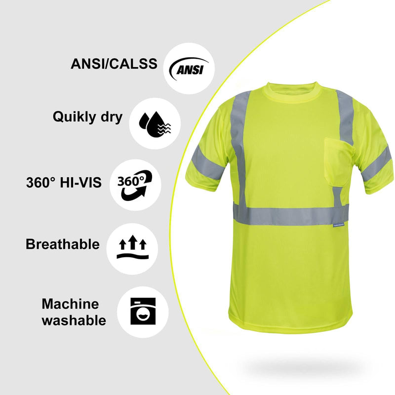 Hi Vis Safety Short Sleeve T Shirt, Class 3 Reflective High Visibility for Men & Women, for Construction, Running, Night Work Large