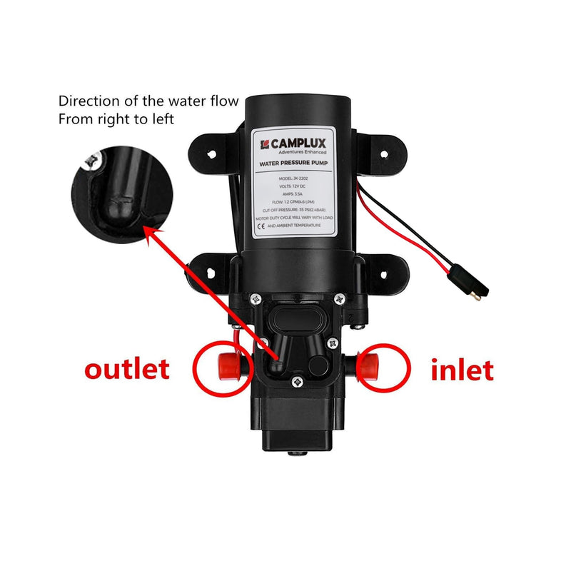 CAMPLUX 12V DC Water Pump, 1.2 GPM Pressure Diaphragm Pump for RV Marine Boat