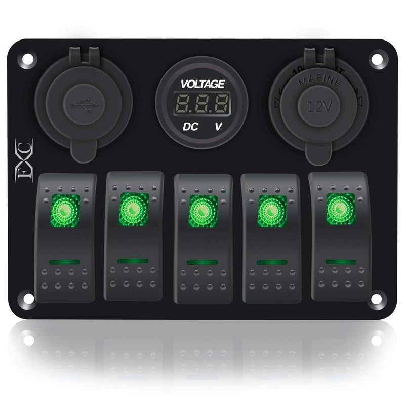 FXC 5 Gang Rocker Switch Aluminum Panel with Dual USB Slot Socket 5V 3.1A + Volt Meter + Cigarette Lighter for Marine Boat Car Rv Vehicles Truck 12-24V Waterproof (5Gang Green)