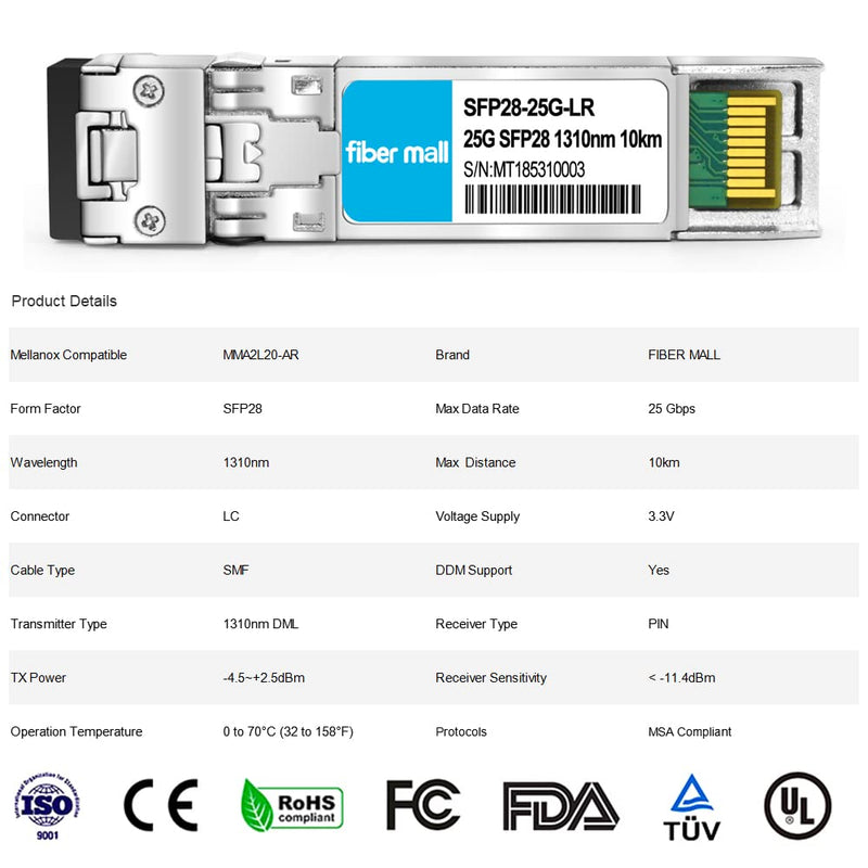 [Australia - AusPower] - 25G SFP28 LR for Brocade 25G-SFP28-LR, 25GBASE-LR SFP28 1310nm 10km DOM LC SMF Optical Transceiver Module 25GBASE-LR: 10km 