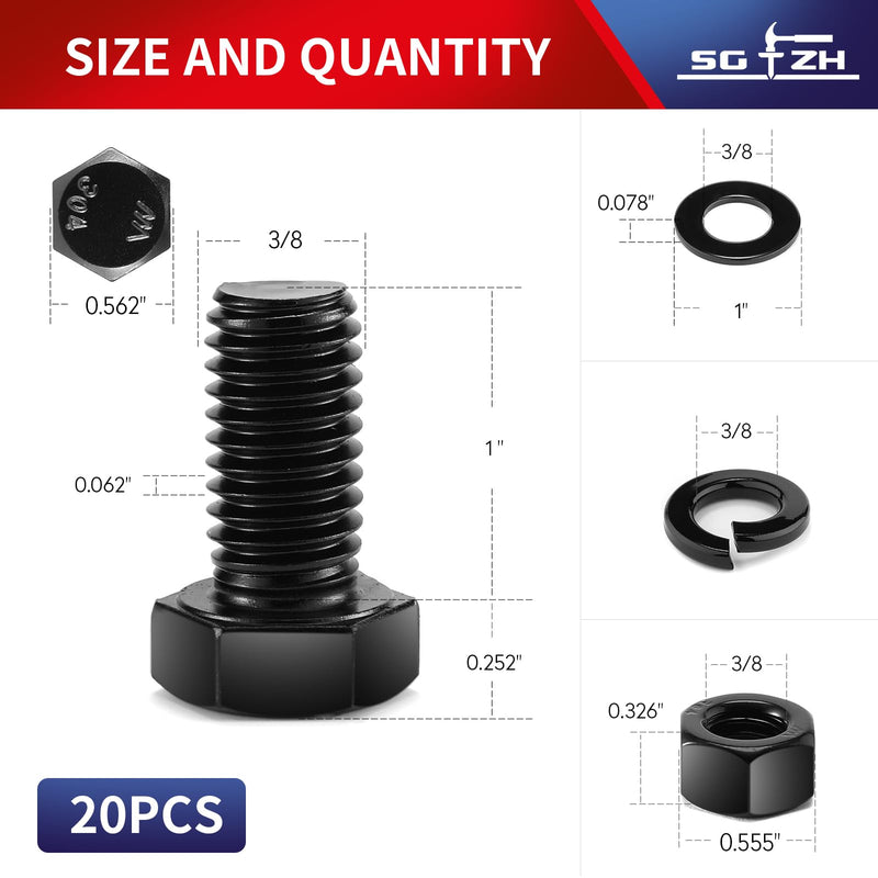 3/8-16 x 1 Hex Head Screw Bolt, Nuts, Flat & Lock Washers, 20Pcs 18-8 (304) Stainless Steel, Fully Threaded, Black Oxide by SG TZH 3/8-16 x 1"