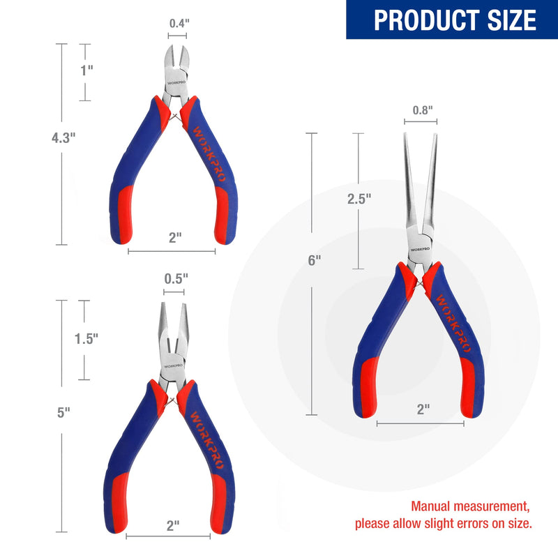 [Australia - AusPower] - WORKPRO Mini Pliers Set, 3-Piece Small Pliers Tool Kit Includes 4” Diagonal Plier, 5” Long Nose Plier, 6” Needle Nose Plier, for Making Crafts, Repairing Electronic Devices 