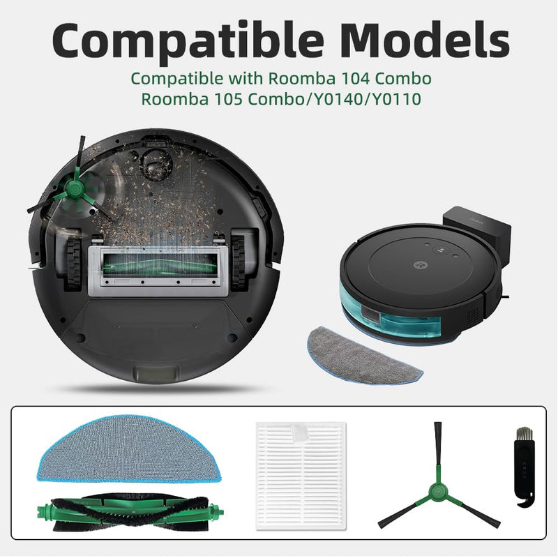 21 Pcs Replacement Parts Accessories Compatible with iRobot Roomba 104 Combo, Roomba 105 Combo,Y0140, Y0110 Robot Vacuum, 2 Roller Brush, 6 Hepa Filters, 6 Side Brushes,6 Mop Pads,1 Cleaning Brush Roomba 104/105 Combo Accessories