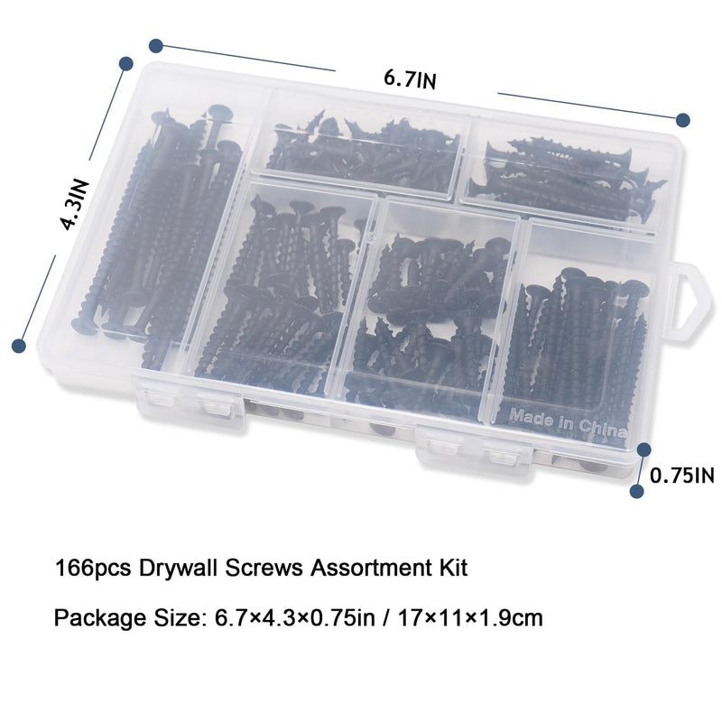 [Australia - AusPower] - High Hardness Drywall Screws Assortment Kit, 166 pcs, Coarse Thread, Phillips Drive, Black Wood Screws, Screws Assortment, Screws Set, 6 Sizes (3”,2”,1-1/2”,1-1/4”,1”,3/4”) 