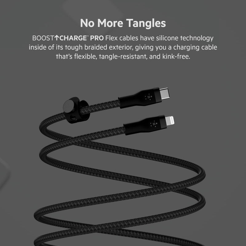 Belkin BoostCharge Pro Flex Braided USB Type C to Lightning Cable (3M/10ft), MFi Certified 20W Fast Charging PD Power Delivery for iPhone 14, iPhone 13, 12, 11, Pro, Max, Mini, SE, iPad - Black 9.9 ft