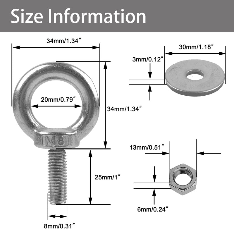 [Australia - AusPower] - 4 Pack M8 Stainless Steel Ring Eye Bolt with Nuts and Washer, 5/16" x 1 inch Lifting Ring Eye Bolt for Swing Board Tire Tyre, Screw Bolt Anchoring kit for tie Down Straps Swing Chair M8(5/16") 