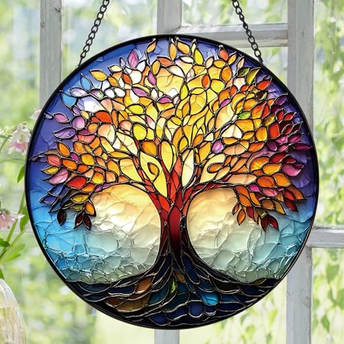 Stained Glass Tree of Life Suncatcher, 7.9" Real Glass