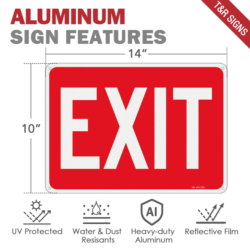 T&R Large Exit Sign - 4 Pack - 14 x 10 Inches Rust Free .040 Aluminum Reflective - UV Protected, Waterproof and Fade Resistant - 4 Pre-drilled Holes Red -14" x 10" - 4 Pack