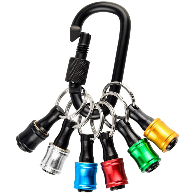 Bit Holder 1/4 Inch Hex Key Ring 6 Colours with Carabiner Pack of 6 | Aluminium alloy quick change, portable EDC, non-slip drill holder for outdoor screwdriver, mini tool