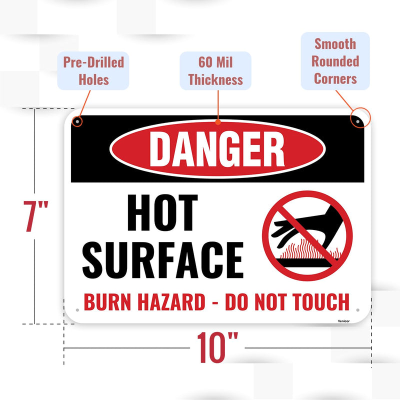 1PC Caution Hot Surface Do Not Touch Sign, 10 x 7 Inches - Aluminum - Danger Burn Hazard Warning Sign Hot Surface Burn Hazard