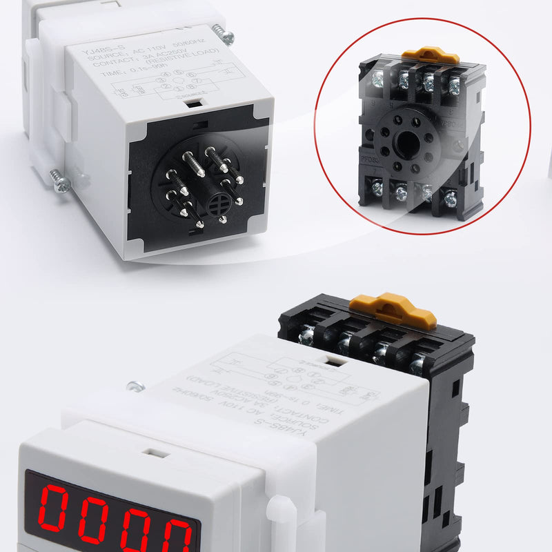 APIELE 110V AC Timer Relay Digital Display 0.1S-99H Delay Time Relay 8 Pin with Base Socket DIN Rail Mount YJ48S-S
