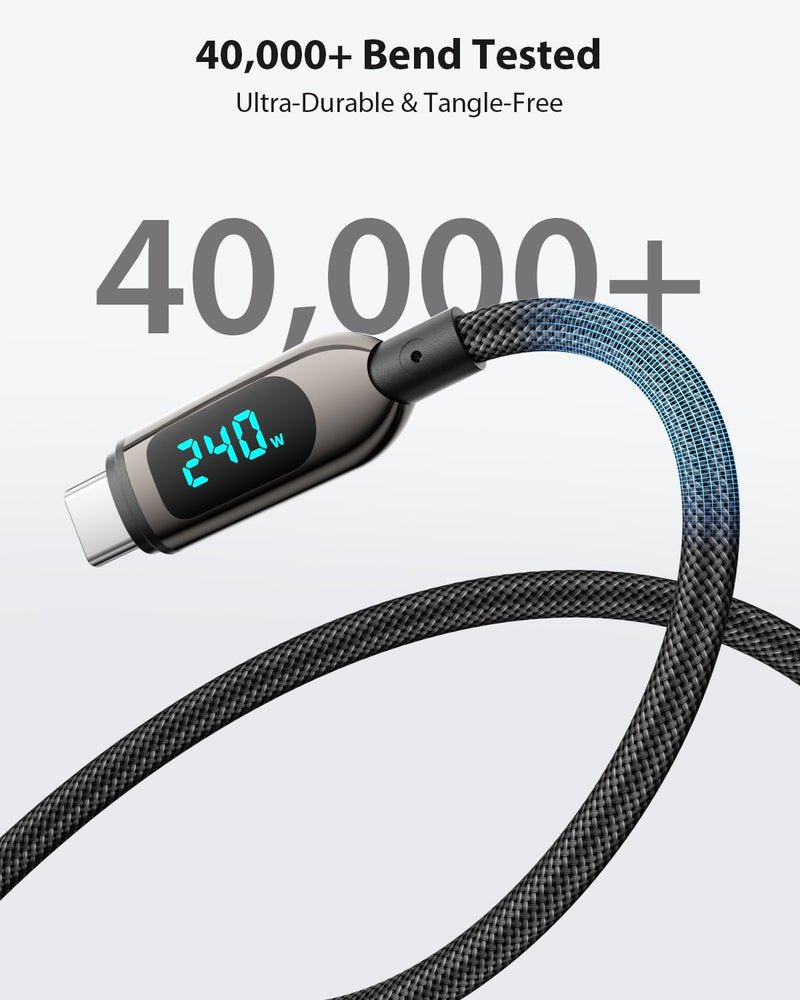 SOOPII 240W USB C to USB C Cable, [10ft,2Pack] Nylon Braided Fast Charging Cable with LED Display for lPhone 17/17 Pro/16 Plus/15 Pro Max,lPad Air,MacBook Pro,Galaxy S25/S24, Pixel, LG (Black) Black 3M 2Pack - 240W