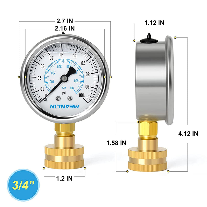 [Australia - AusPower] - MEANLIN MEASURE 0~100Psi Stainless Steel Frame 3/4" Female 2.5" FACE DIAL Liquid Filled Pressure Gauge WOG Water Oil Air Water Pressure Test Table with Sealing Ring 0-100Psi (Liquid Filled) 