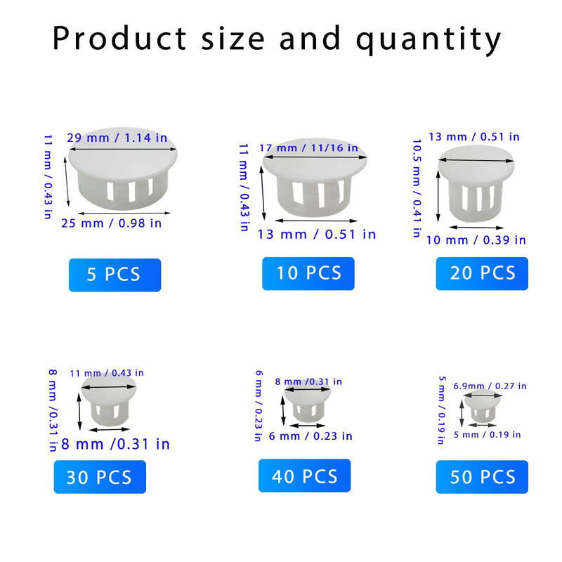 [Australia - AusPower] - 6 Sizes Plastic Hole Plugs, White Hole Plugs, 5mm (0.19"), 6mm (1/4"), 8mm (5/16"),10mm (3/8"), 13mm (1/2"), 25mm/(1"), White Plastic Hole Plugs White Plastic Plugs for Holes Hardware Plugs (155pcs) 