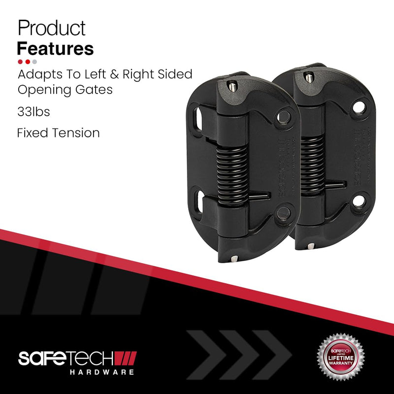 Safetech Hardware Self Closing Gate Hinges, Fixed Tension Pool & Outdoor Hinges Regular Duty Spring Gate Hinges for Any Square Post Metal, Wood & Aluminum Fencing Gates up to 33lbs (SHF-90L Black) Self Close