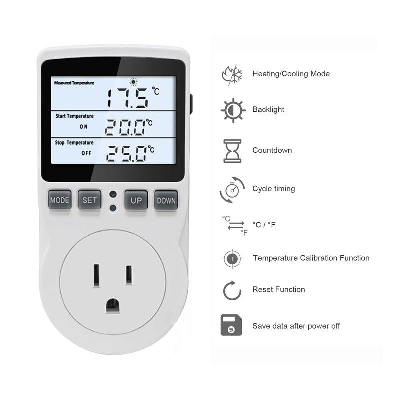 [Australia - AusPower] - Digital Temperature Controller Thermostat Outlet Plug 120V with LCD Backlight, Heating Cooling Temperature Controlled Outlet 110V 15A with 3m Sensor KT3100BL 
