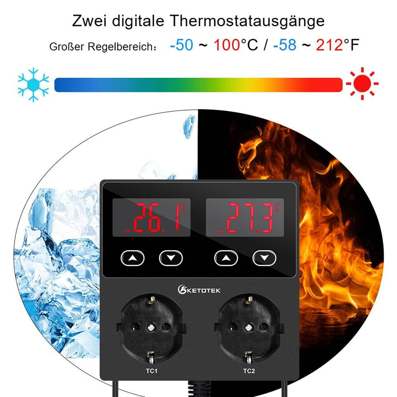 [Australia - AusPower] - KETOTEK KT99pro Dual Digital Temperature Controller Output 10A Relay Heating Cooling Thermostat Controlled Socket with Sensor for Reptile Brewing, Fermentation, Breeding, Incubation, Greenhouse 
