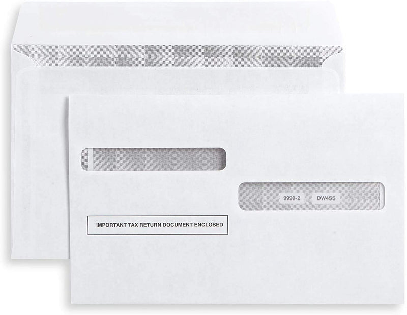 50 W2 Envelopes, for 4-Up Style W-2 Forms, Double Window, Security, Self Seal Envelope, W-2 Tax Form Envelopes 50 Pack