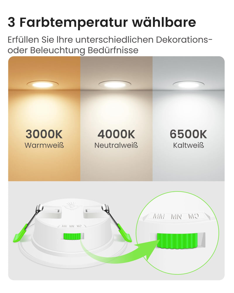 ALUSSO LED Recessed Spotlights, 230 V, 68 mm, Dimmable, 4 W, Ultra-Flat, 310 Lm, IP44, Warm White 3,000 K, Neutral White 4,000 K, Cool White 6,500 K, for Bathroom, Living Room, Set of 6. | 4W 310lm 3CCT, Dimmable, 3000K Warm White 4000K Neutral White 6...