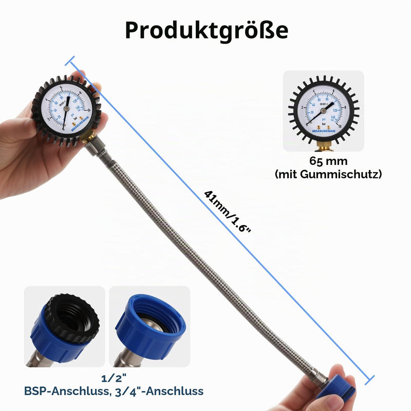 Water Pressure Gauge with Hose Tap Connection, Water Pressure Gauge, 0-10bar/145psi, 2 Inch Dial, Rubber Protection, Water Supply System, for Home, Garden and Irrigation System Monitoring