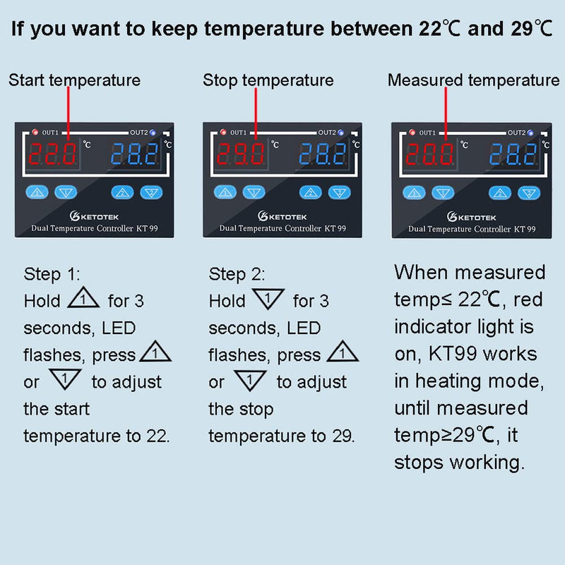 [Australia - AusPower] - Ketotek Thermostat, Heating and Cooling Digital Temperature Monitor, Thermostat, with 2 Sensor Output Power, Direct for Aquarium and Incubator Heating, Terrarium Reptiles Mat AC 230 V 