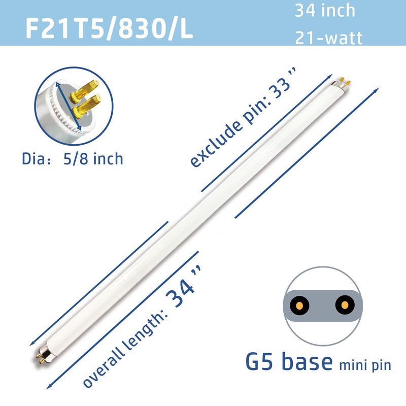 [Australia - AusPower] - (6pack 34inch F21T5/830 Fluorescent Light Bulb, 21Watt Warm White T5 Linear Tube, 34'' F21W/T5 3000K Soft White Lighting, 20000Hour Longevity Performance 