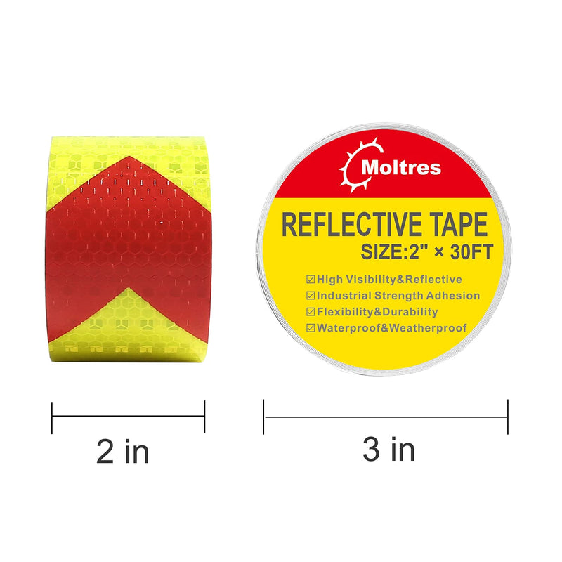 Waterproof Reflective Tape,Red & Yellow 2inch X 30Feet Conspicuity Adhesive Safety Tape,High Visibility Arrow Hazard Warning Reflector Tapes for Trucks Trailer Vehicle Outdoor Signs 2" X 30ft