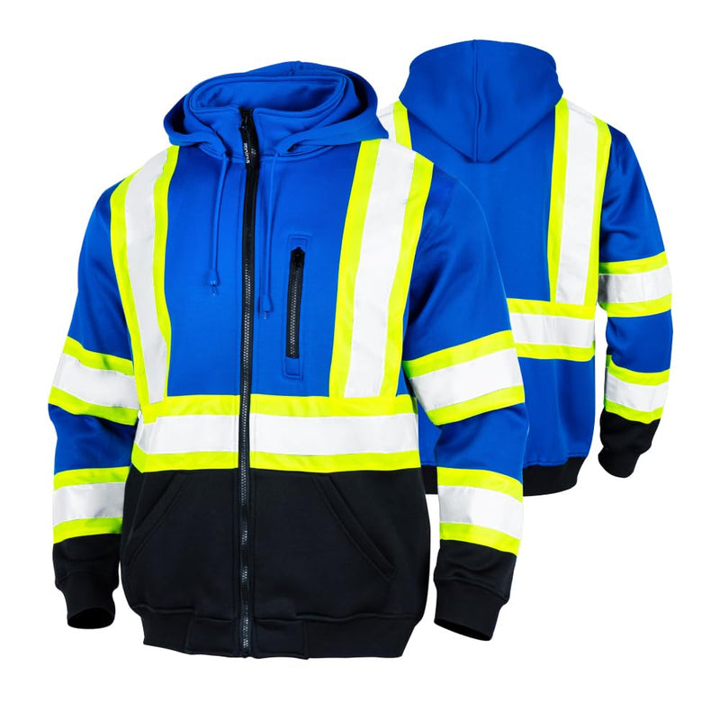FONIRRA Hi Vis Safety Fleece Zip Hoodie for Men Reflective Sweatshirts ANSI Class 3 Jackets Detachable Hood (Blue,M) Medium Blue