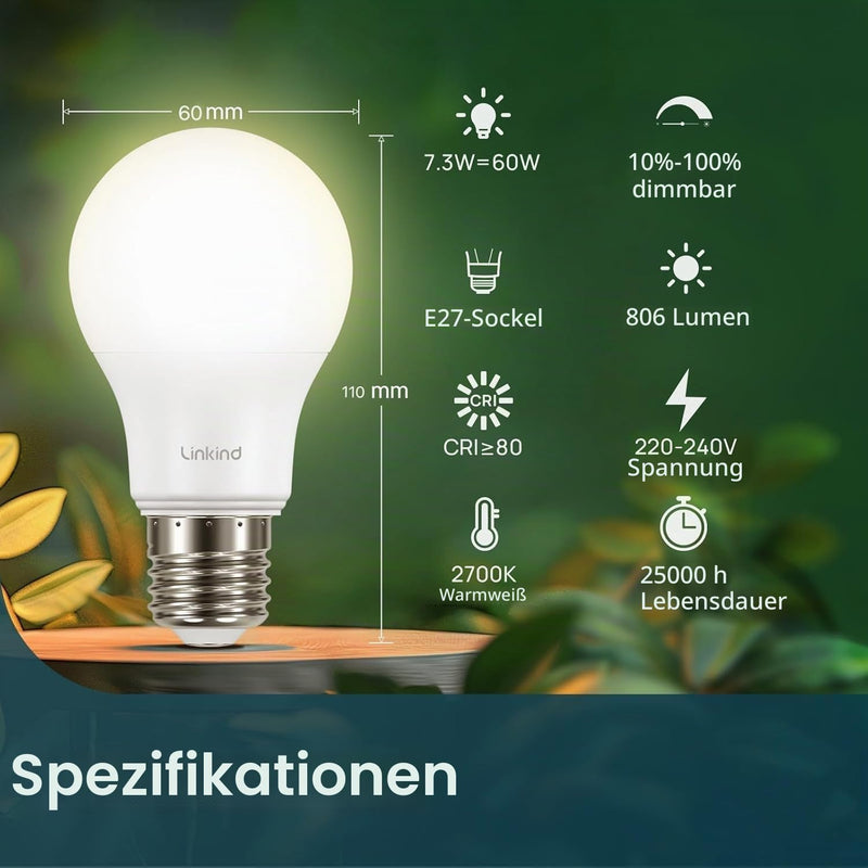 Linkind Dimmable E27 LED Bulb 7.3 W (Replaces 60 W), 2700 K Warm White 806 Lm A60 Edison Bulb with 220°, Dimmable E27 Bulb, Matte, Pack of 6 6 pieces Warm White 60w
