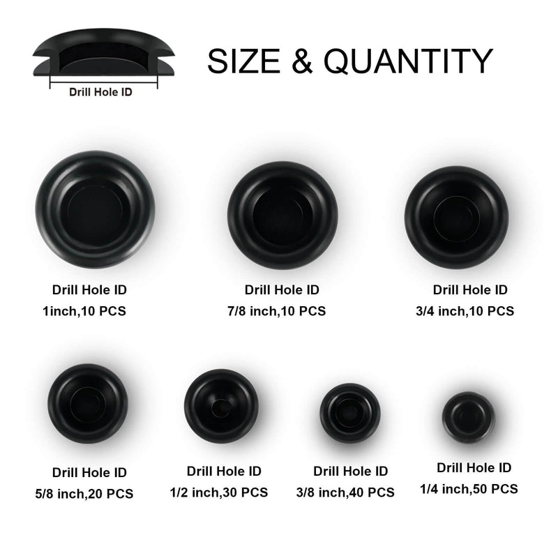[Australia - AusPower] - 170PCS Rubber Grommet Kit, Closed Rubber Hole Plug, Rubber Grommets for Wiring Protection, Firewall Grommets Automotive, Drill Hole 7 Sizes 1/4" 3/8" 1/2" 5/8" 3/4" 7/8" 1" 