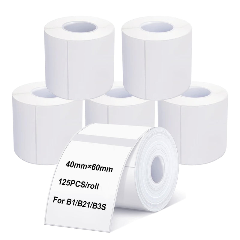 Thermal Labels Maker Tapes for B21/B3S/B1 Printer,1.57" X 2.36" (40 X 60mm) 125 Labels/Roll,Multi-Purpose Adhesive Labels Sticker Paper for Home Office Small Business Address School,6 Rolls White 40*60mm-6 Rolls