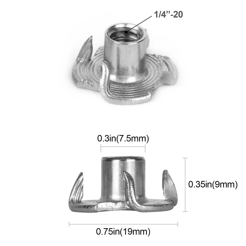 [Australia - AusPower] - T Nuts 1/4"-20 30Pcs 304 Stainless Steel Four-jaw Tee Nuts for Wood,Rock Climbing Holds, Cabinetry Furniture Threaded Insertion silver 