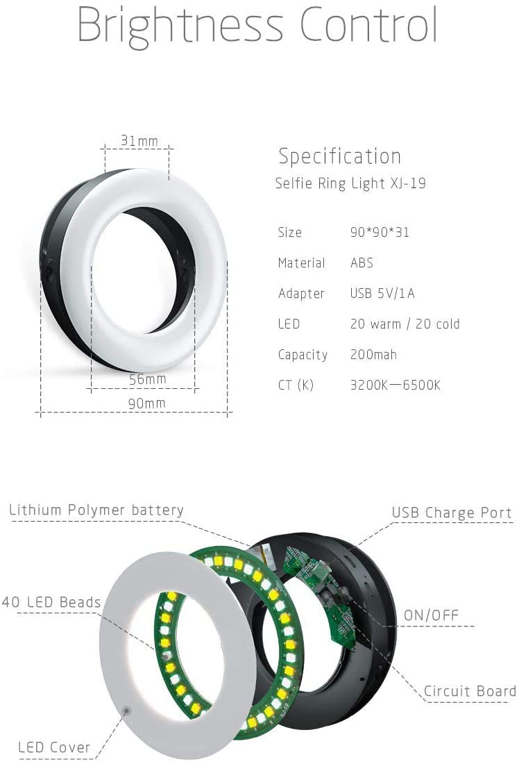 [Australia - AusPower] - XINBAOHONG Selfie Ring Light Rechargeable Portable Clip-on Selfie Fill Light with 40 LED for Smart Phone Photography, Camera Video, Girl Makes up 