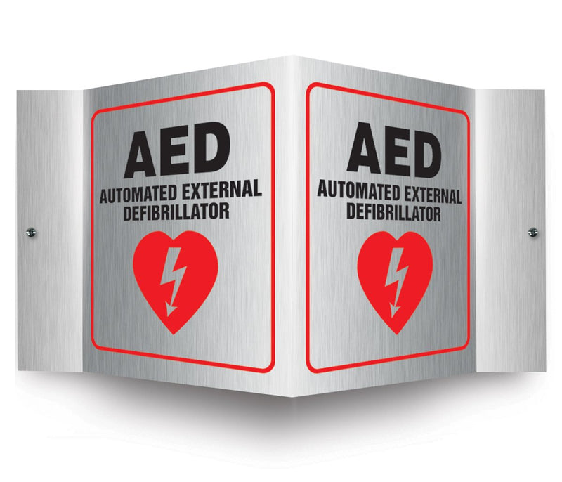 Accuform PSM300 Projection Sign 3D, Legend "AED AUTOMATED External DEFIBRILLATOR", 6" x 5" Panel, 0.025" Thick Brushed Aluminum, Red/Black on Brushed Aluminum