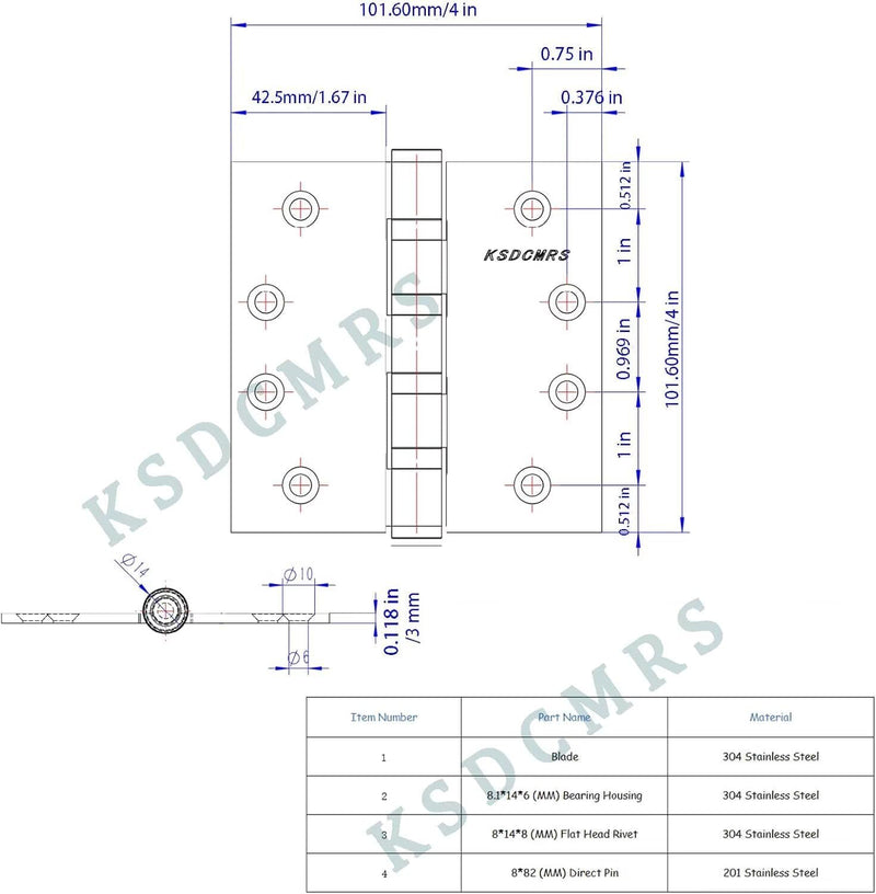 KSDCRMS Red Bronze 4 inch Stainless Steel Door Hinges,Heavy Duty Interior/Exterior Door Hinge,Rust-Proof,304 SS Ball Bearings,Non-Removable Pin (NRP),4" (101mm) x 4" (101mm),SquareCorner,2 Pack 2