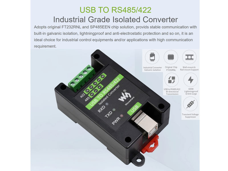 waveshare USB to RS485/422 Converter Onboard FT232RL and SP485EEN Chip, Galvanic Isolated Converter with Multiple Protection, Support Win11/10/8.1/8/7/XP, Mac, Linux, Android, Wince, etc