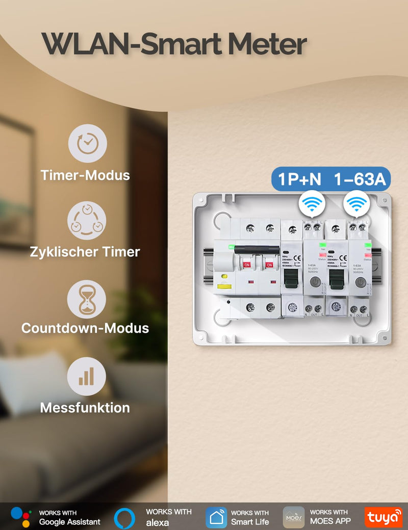 [Australia - AusPower] - MOES Smart Timer DIN Rail 1P + N 16 A 25 A 40 A 63 A with Metering, WiFi Switch for Circuit Breaker Compatible Alexa & Google Home, Overcurrent and Surge Protection, Smart Life/Tuya App Wlan 1 Stück 