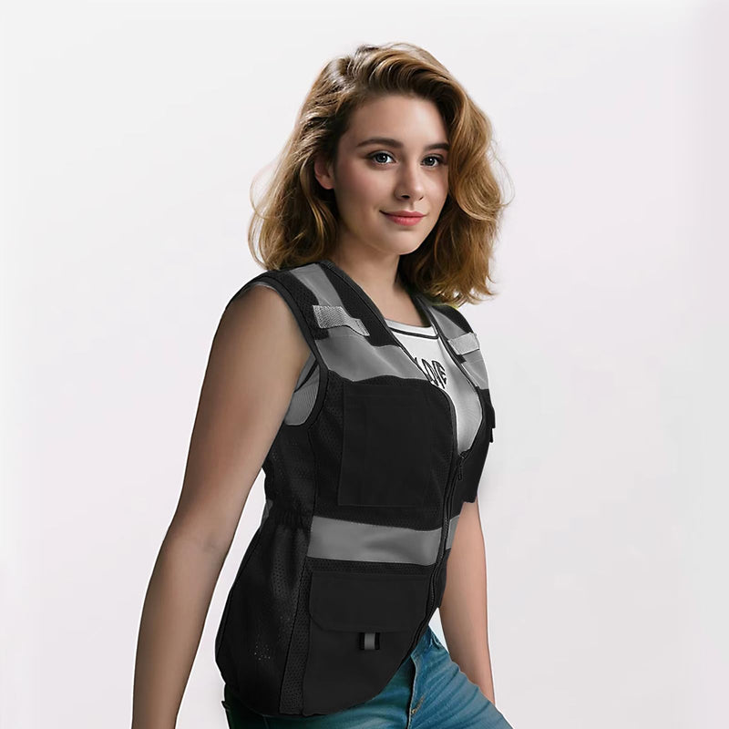 Reflective Vest for Women, Mesh Womens Safety Vest with 11 Pockets and Zipper, Hi Vis Neon Construction Work Vest for Lady Surveyors/Workers, Snugly-Fitted, ANSI Compliant (U-Black, M) Medium Black
