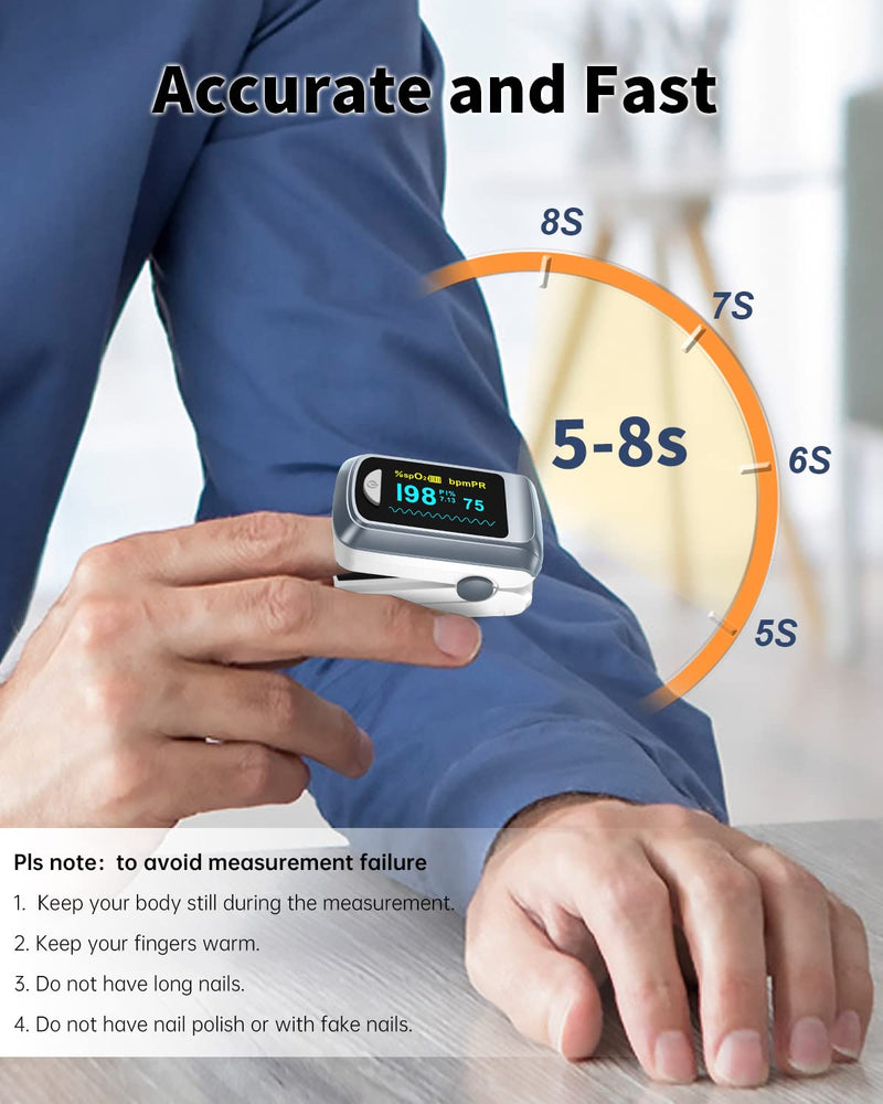 [Australia - AusPower] - Fingertip Pulse Oximeter Blood Oxygen Saturation Monitor Pulse Ox, Heart Rate and Fast Spo2 Reading Oxygen Meter with OLED Screen Included Lanyard and 2 X AAA Batteries Gray 