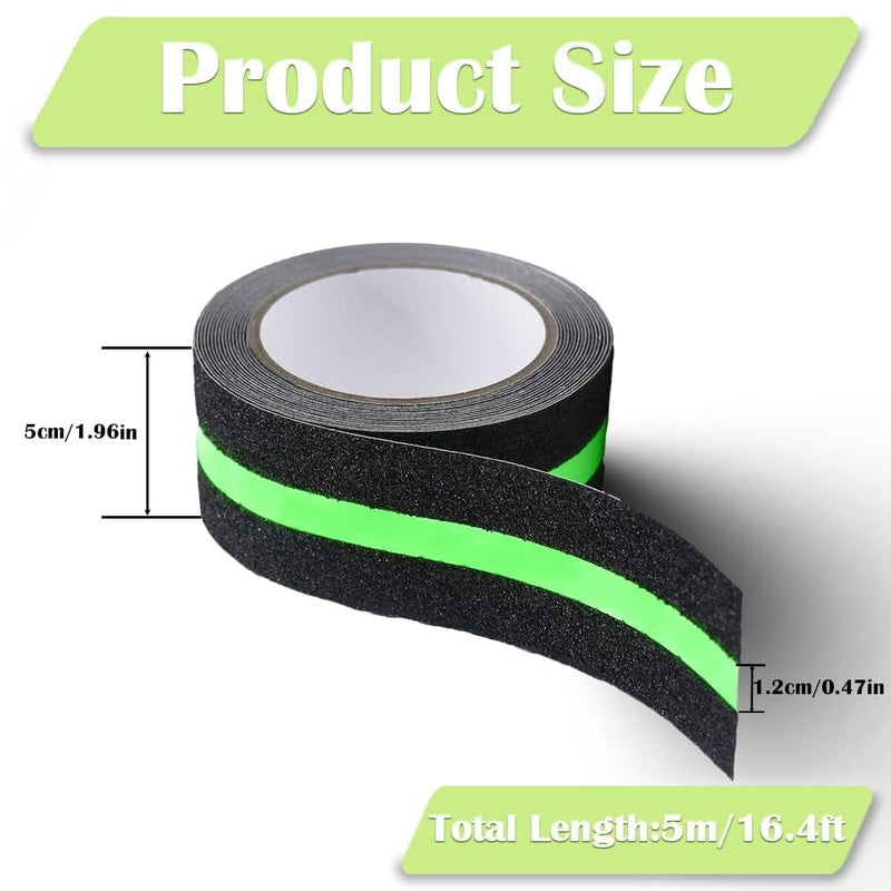 1Roll 5cmx5m Anti-Slip Traction Tape with Glow in the Dark Stripe, Waterproof Non-Skid Adhesive for Stairs, Steps, Outdoor & Indoor Use, High-Traction Safety Treads for Kids & Seniors (Black) Black