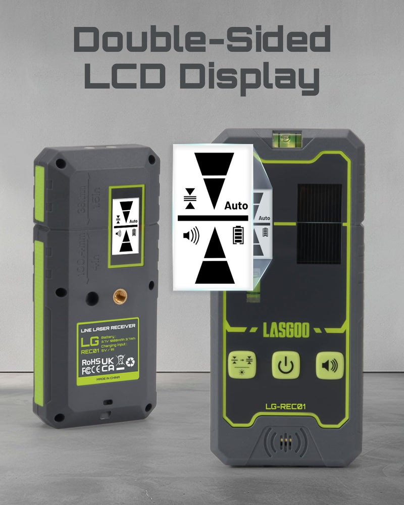 [Australia - AusPower] - LasGoo LG-REC01 Laser Receiver for Laser Level, Dual LCD Display & Bubble Level, Green & Red Laser Beam Detector for Pulsing Line Lasers, Up to 164ft, Built-in Rechargeable Battery, Clamp Included 