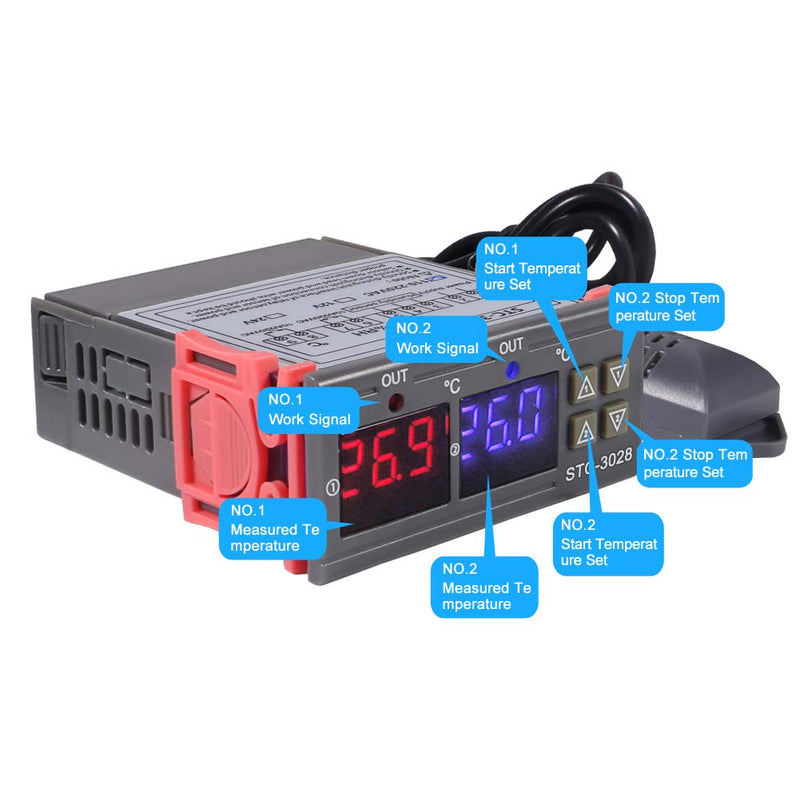 [Australia - AusPower] - STC-3028 AC 110-220V 10A Digital Temperature Controller Dual Display Thermostat Thermoregulator Heating Cooling Switch Digital Hygrometer with SHT20 Probe (AC 110-220V) 