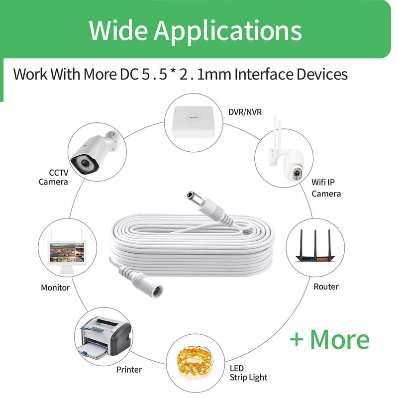 2-Pack 2 m DC Power Extension Cable, Connector 5.5 mm x 2.1 mm, Supports DC 5V 6V 9V 12V 24V, for Security Cameras, DVR, Router, Printer, LED Strip, White
