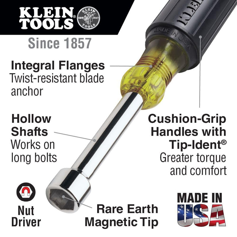 Klein Tools 647M Tool Set, Made in USA, Magnetic Nut Drivers Sizes 3/16, 1/4, 5/16, 11/32, 3/8, 7/16, 1/2-Inch, 6-Inch Hollow Shafts, 7-Piece