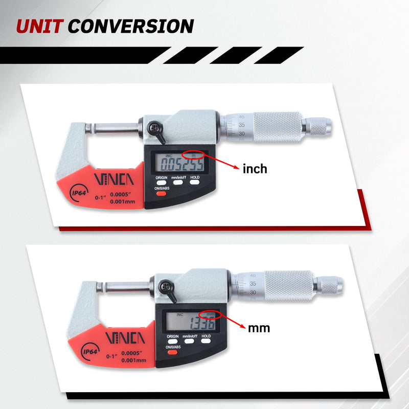 VINCA Absolute IP64 Origin Digital Micrometer, DMCA-0105 0-1"/0-25mm, 0.00005" /0.001mm Resolution, Hold Function, Carbide Tip 0-1"/25mm