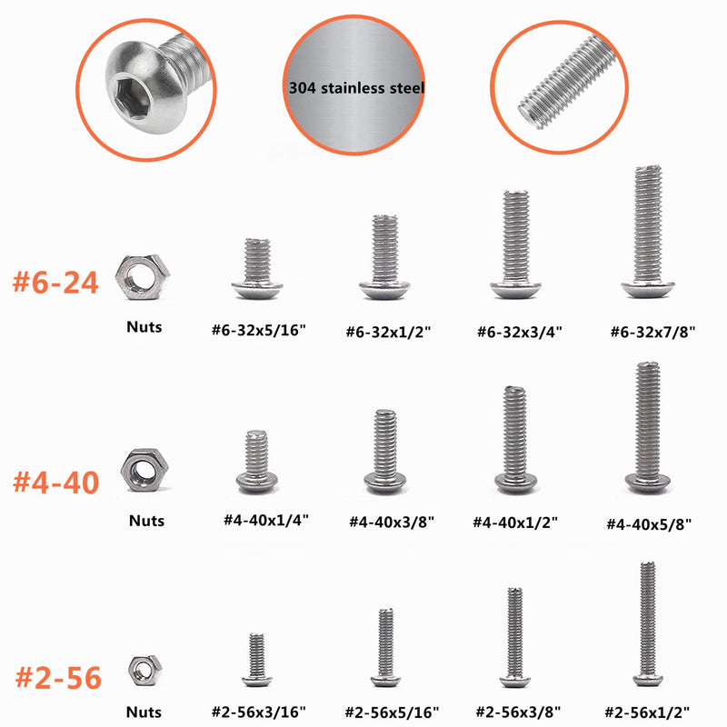 480Pcs #2-56#4-40#6-32 UNC Stainless Steel Button Head Hex Socket Cap Bolts Screws Nuts Assortment Kit #2-56，#4-40，#6-32